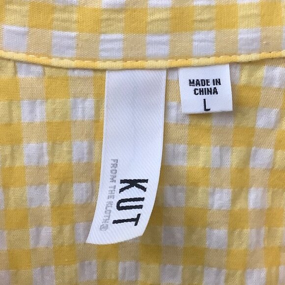 Kut from the Kloth Button Feena Top Women Large Yellow Textured Gingham V-Neck - Picture 4 of 10